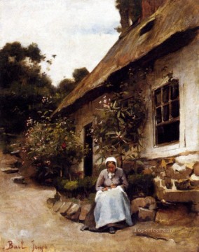  Joseph Pintura al %C3%B3leo - Mujer cosiendo frente a su cabaña Joseph Claude Bail